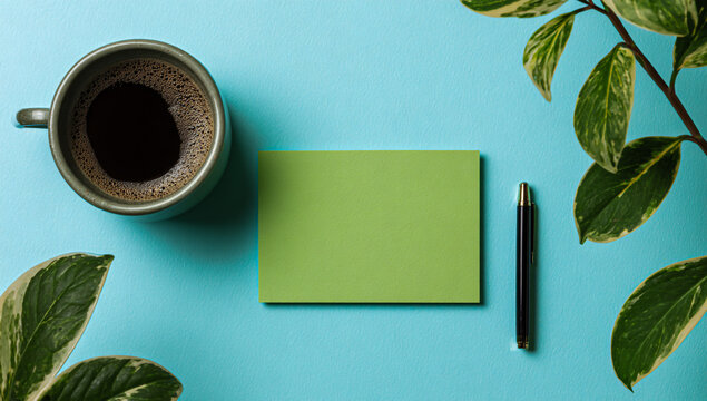 Overhead view of a cup of coffee green notepad and pen on a blue background with leafy plants