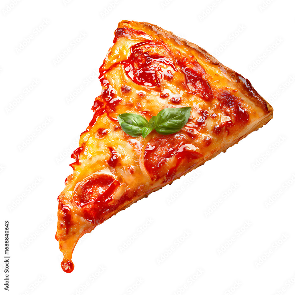 Poster appetizing slice of pepperoni pizza topped with fresh basil oozing with cheese and sauce on a transp