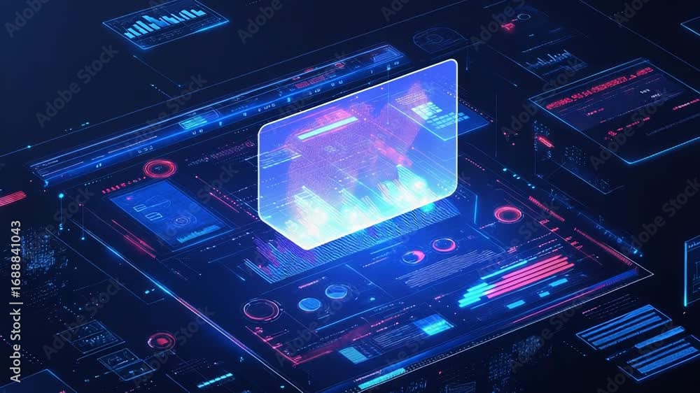 Poster futuristic interface displaying complex data analysis and charts in augmented reality