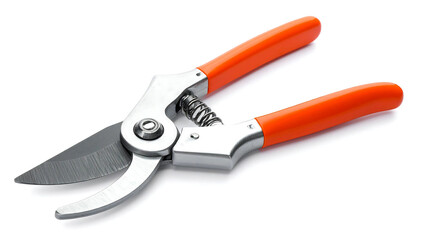 Fototapeta premium Professional garden secateurs with bright orange handles, an essential tool for pruning plants, trimming bushes, and cutting flowers, isolated on a white studio background