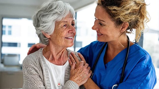 A heartwarming moment of connection between a caring nurse and an elderly patient, showcasing compassion and support in a healthcare setting
