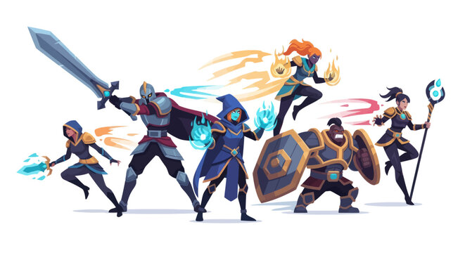 A diverse team of fantasy heroes and warriors with magic and weapons poised for battle.
