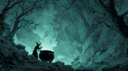 A spooky Halloween 2026 wallpaper showing a witch stirring a massive cauldron in a dark cave