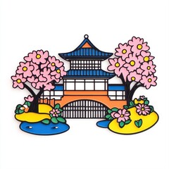 Colorful Japanese Pagoda Surrounded by Cherry Blossom Trees and Flowers