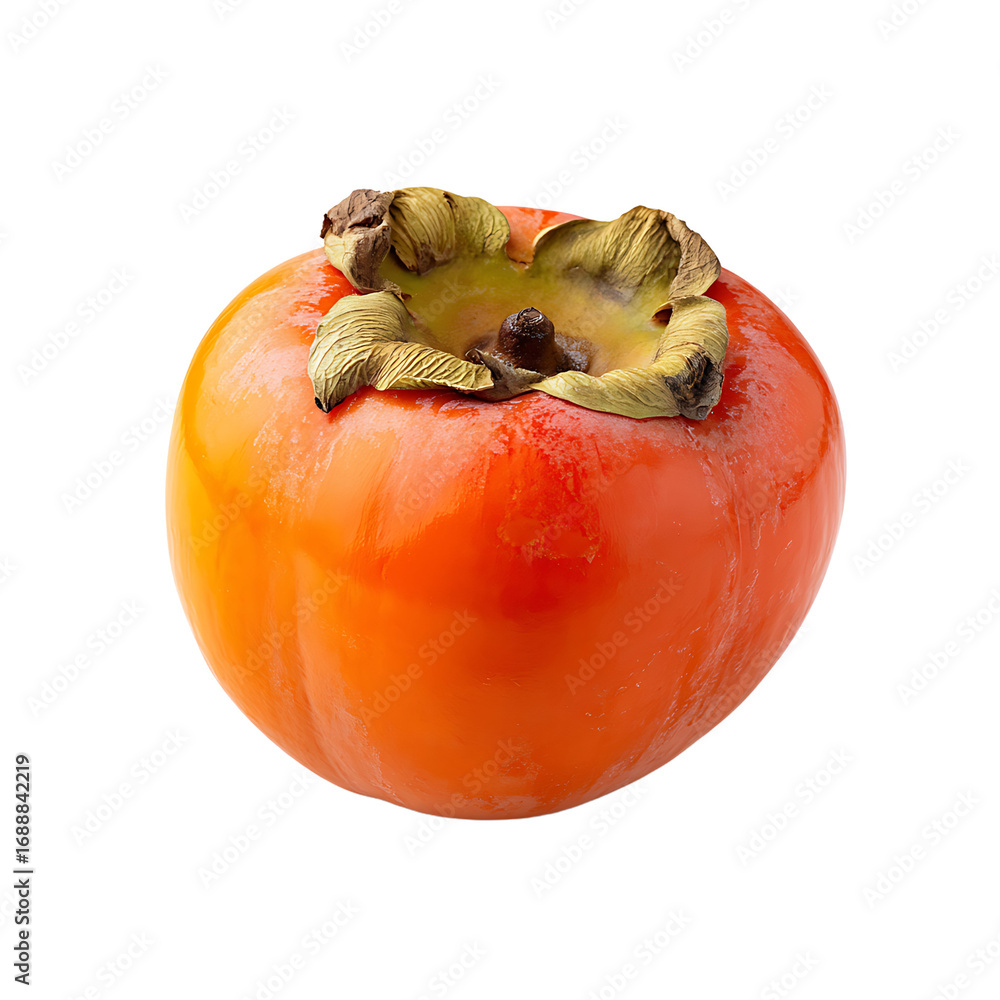Poster a single persimmon fruit vibrant orange in color displayed against a stark transparent background hi