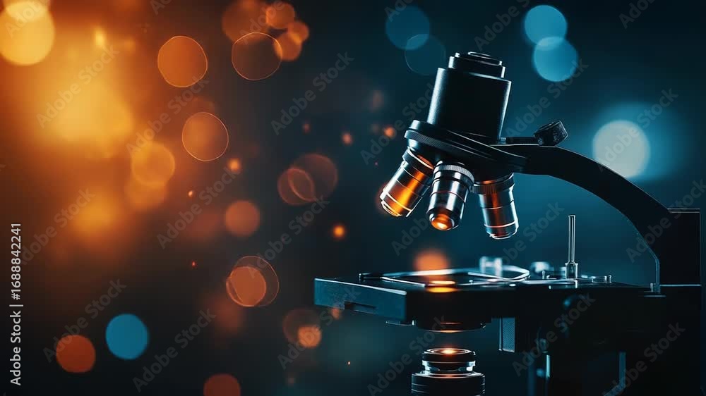 Aufkleber modern microscope illuminating sample on dark background with bokeh effect