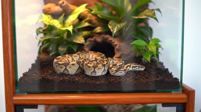 Serpent resting peacefully inside terrarium habitat with green plants