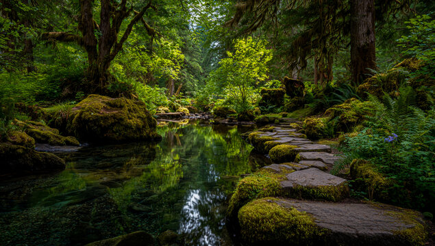 Tranquil forest stream with moss covered rocks and lush green trees reflecting in the water