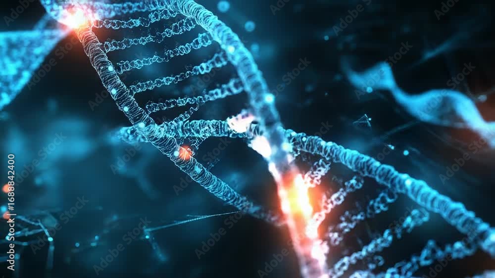 Poster dna double helix rotating in a technological environment