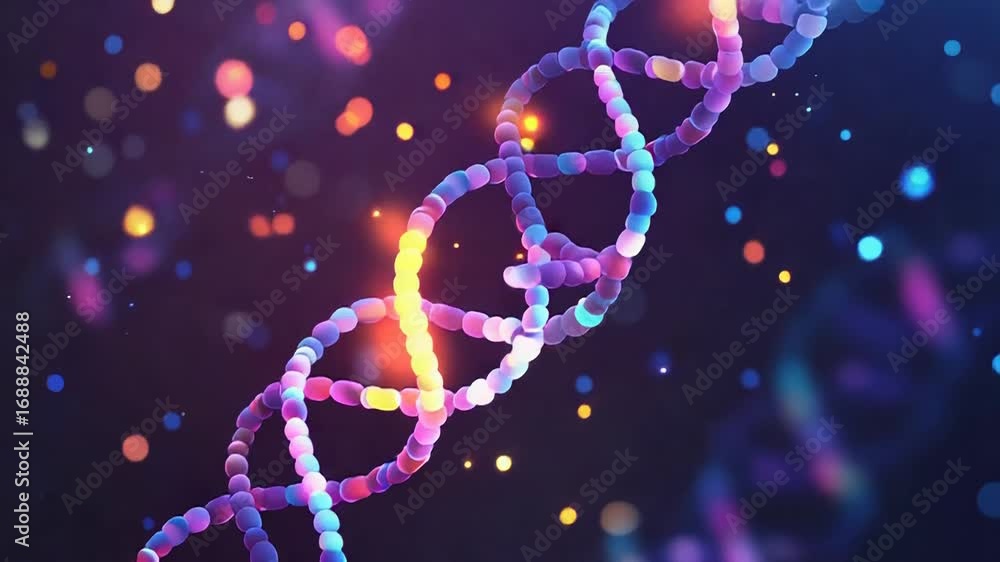 Aufkleber glowing dna helix rotating on dark background with bokeh effect