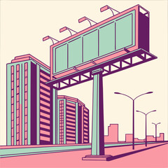 Pastel Cityscape with Large Billboard and Geometric Buildings