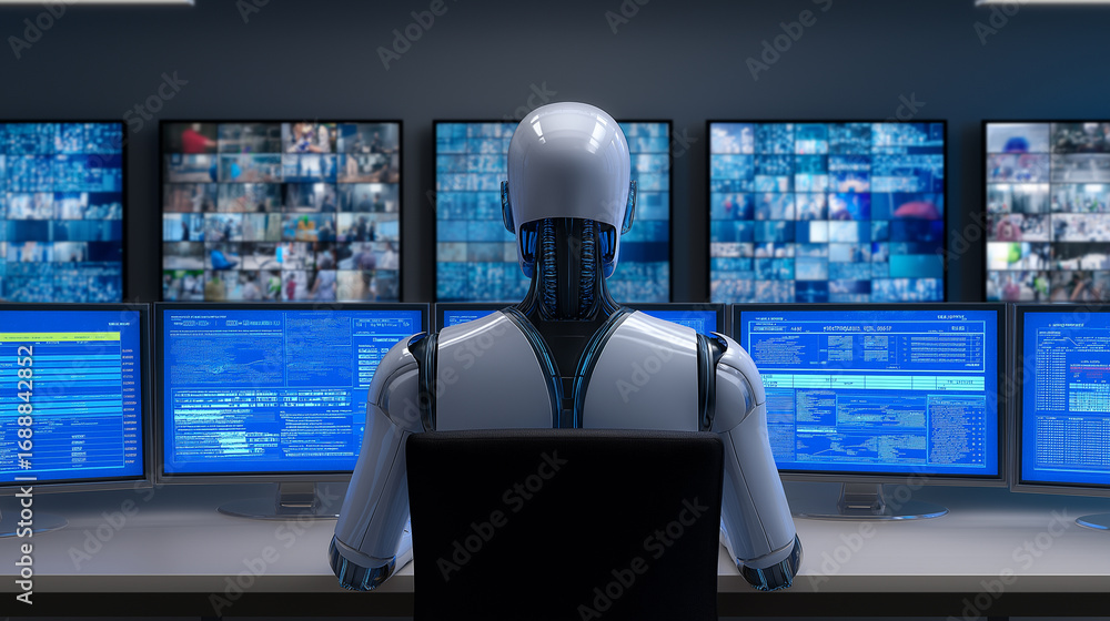 Poster back view of humanoid robot analyzing multiple video surveillance monitors in a high-tech control ro