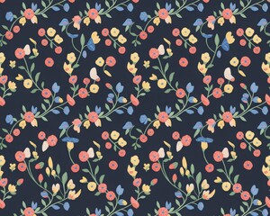 Floral pattern with colorful flowers and green leaves on dark blue background