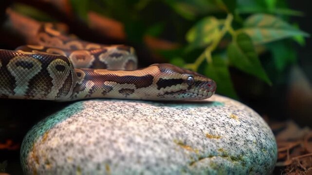 Serpent rests on stone among leaves in a terrarium setting