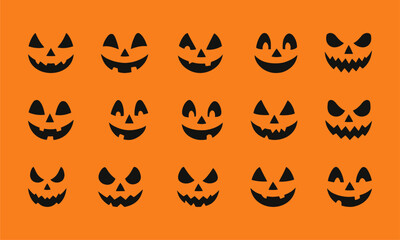 Halloween seamless pattern with spooky and funny pumpkin faces. Black jack-o’-lantern silhouettes on an orange background, perfect for seasonal design, decoration, and party themes.