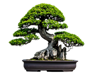 A beautifully shaped Japanese bonsai tree with a gnarled trunk and lush green foliage in a pot, isolated on a clean white background