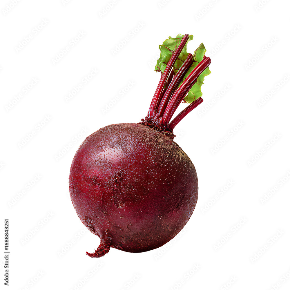 Poster vibrant close - up of a single red beet with leaves on a transparent background showcasing its rich 