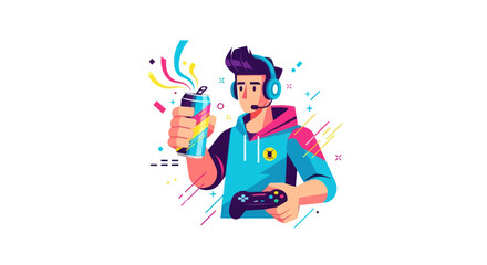 Young man with headphones and joystick holding a drink, immersed in gaming. © Leo
