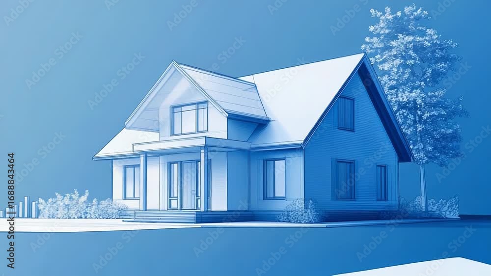 Poster house project overlaying a contract with growing statistics in blueprint style