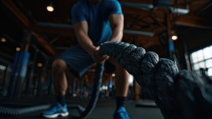 Close-up of a person pulling a heavy battle rope.
