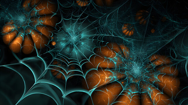 Abstract Halloween wallpaper with fractal spiderweb and pumpkin motifs, creative shadows with neon highlights, 3D rendered depth, futuristic intrigue, complementary orange-teal palette, 