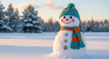 Fototapeta premium Happy Snowman in a Winter Wonderland Scene