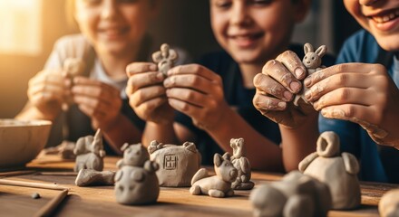 Children are happily crafting clay figures, showcasing their creativity and enjoying a fun art activity.