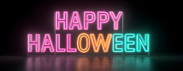 Obraz premium Abstract neon HAPPY HALLOWEEN 2025 letters glowing, artificial studio precision lighting, wide-angle distortion,