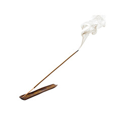 Aromatic Incense Stick Burning with White Smoke Trail on Wooden Holder