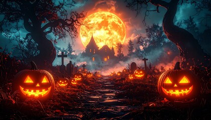 Fototapeta premium Glowing pumpkins illuminate a spooky path leading to a haunted house under a full moon on a dark halloween night, creating an eerie and festive atmosphere.