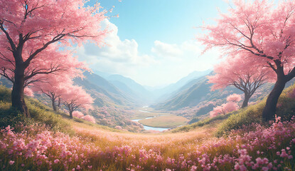 Cherry blossom valley in spring bloom