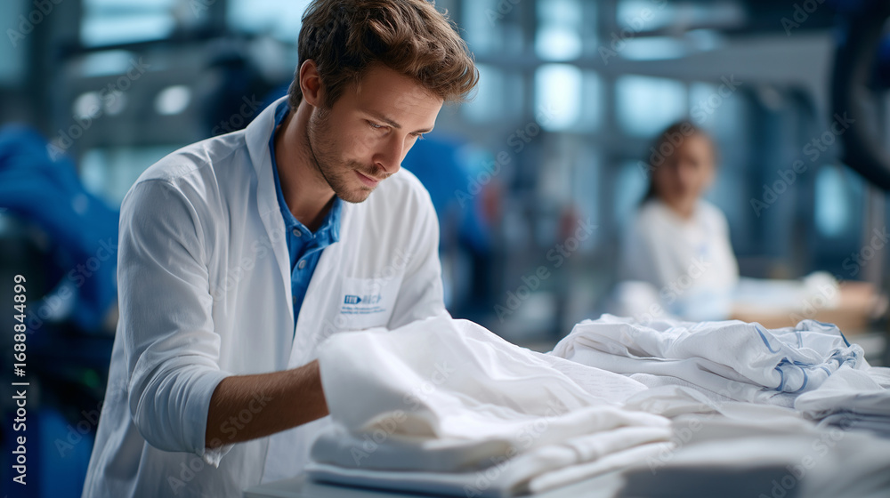 Poster humanoid robot folding clothes in an automotive factory human worker supervising humanoid robot manu