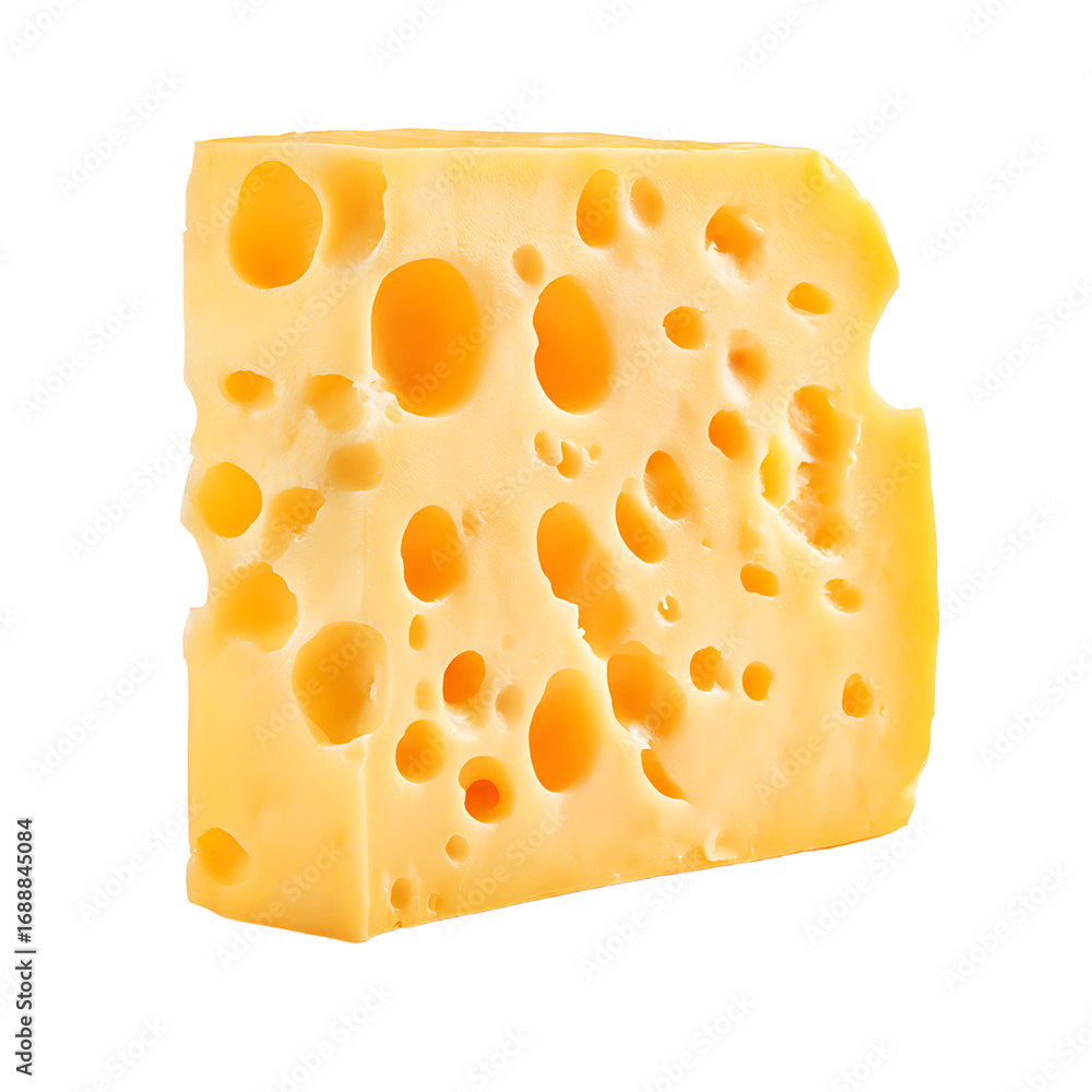 Poster a block of swiss cheese is displayed with many holes across its surface showing the texture and colo