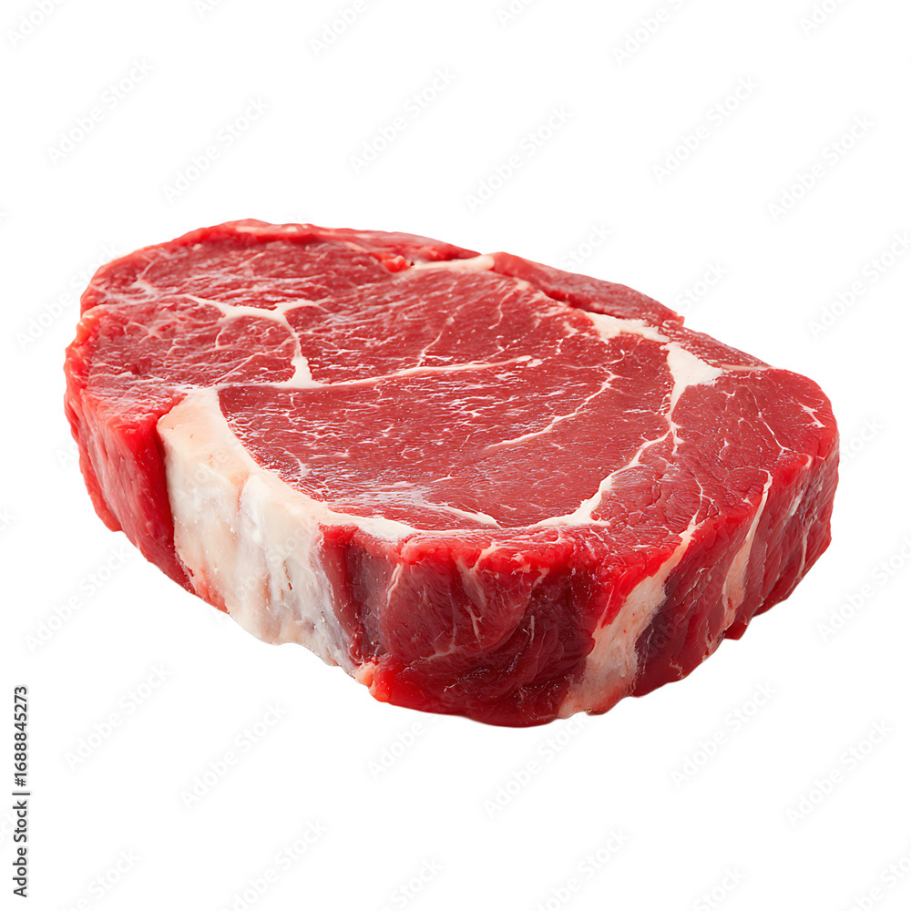 Poster a cut of raw beef with marbling visible resting against a transparent background the meat is a deep 