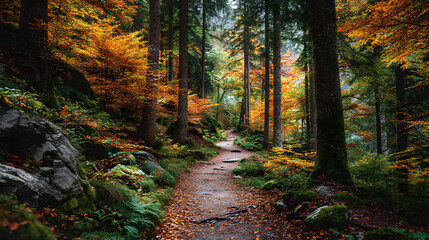 Autumn forest path with leaves on both sides, empty middle trail for text placement