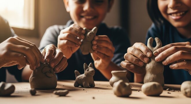 Children enthusiastically sculpt clay figurines, showcasing creativity and fine motor skills in a workshop setting.