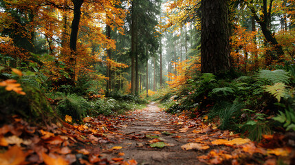 Autumn forest path with leaves on both sides, empty middle trail for text placement