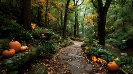Autumn forest with carved pumpkins lining a winding trail