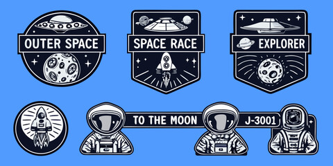 Obraz premium Collection of retro space themed patches and badges featuring rockets astronauts ufos and planets