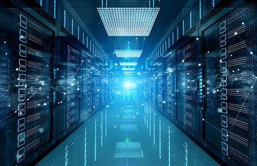 Illuminating futuristic data center aisle with glowing server racks connected by a luminous network of digital information streams creating a pathway of light and connectivity within a vast technologi