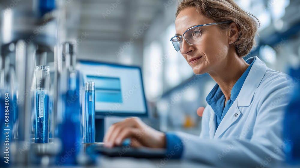 Poster technician monitoring a water purification process contaminants displayed on a screen water treatmen