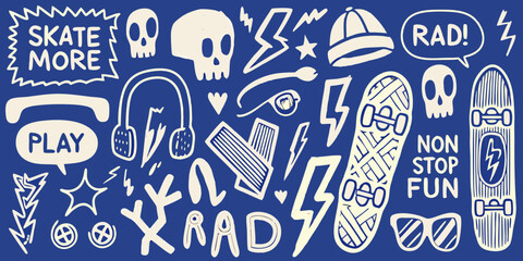 Cool hand drawn doodle elements featuring skateboards skulls lightning bolts and text on blue background © Piku