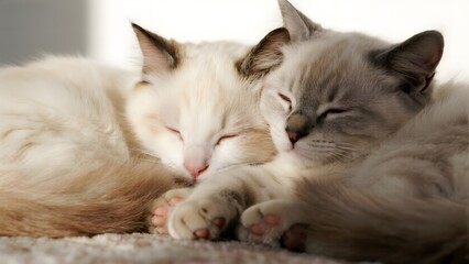 Two cats snuggled together, peacefully sleeping on a soft surface.
