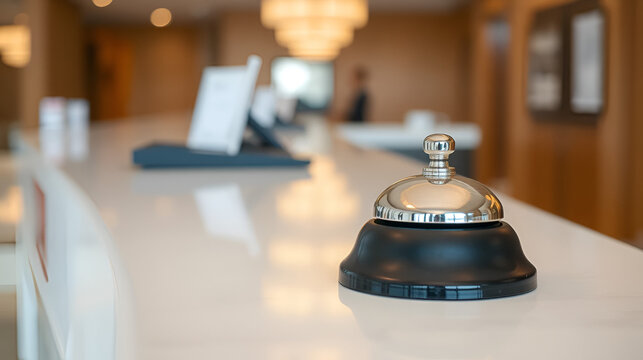 shot of a clean but unused hotel bell on modern desk, representing underused facilities due to low occupancy untouched reception bell, modern counter unused, quiet hospitality, economic slowdown,