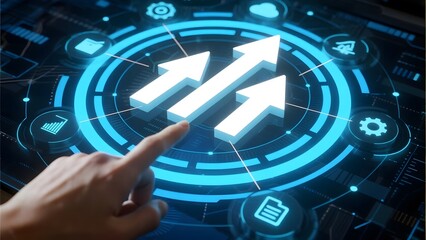 Hand pointing at digital screen with upward arrows and tech icons