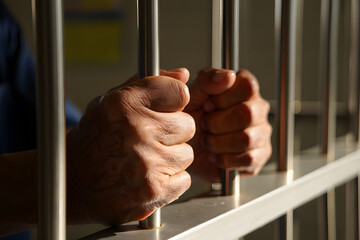 Close up of a prisoners hands gripping jail bars, symbolizing confinement and justice