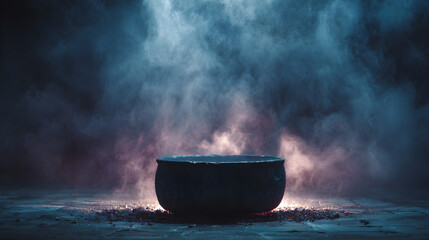 Close-up of a cauldron on the bottom, steam rising into a blank smoky background