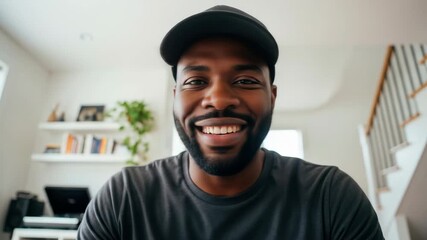 portrait of smiling african american man wearing cap and casual t-shirt, typing laptop in bright room, chatting via video chat. online communication, tech, remote work - Powered by Adobe