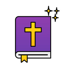 Glittering purple Bible icon. Vector.