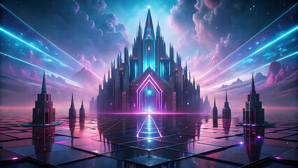 A futuristic cathedral of glowing prisms reflecting rainbow colored light  